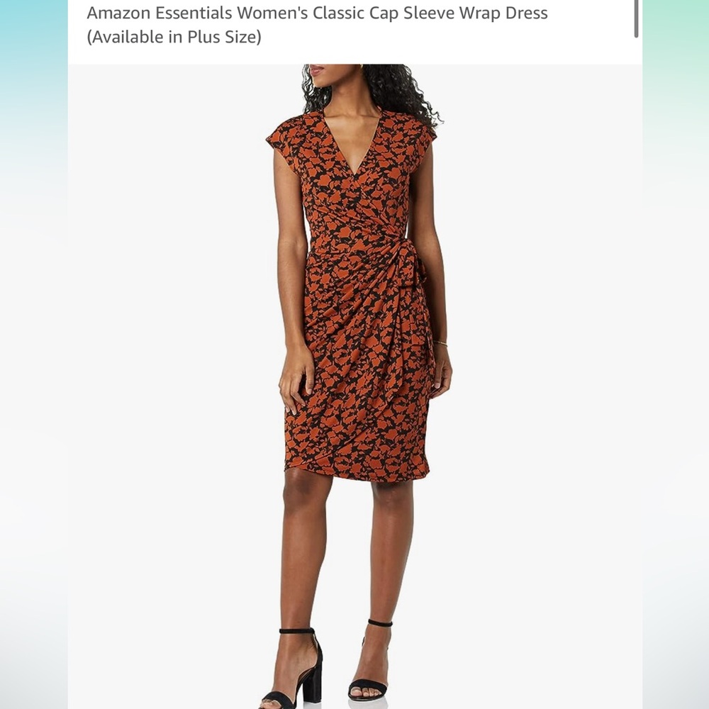 NWT, Amazon Essentials Classic Cap Sleeve Wrap Dress Medium, rust/black